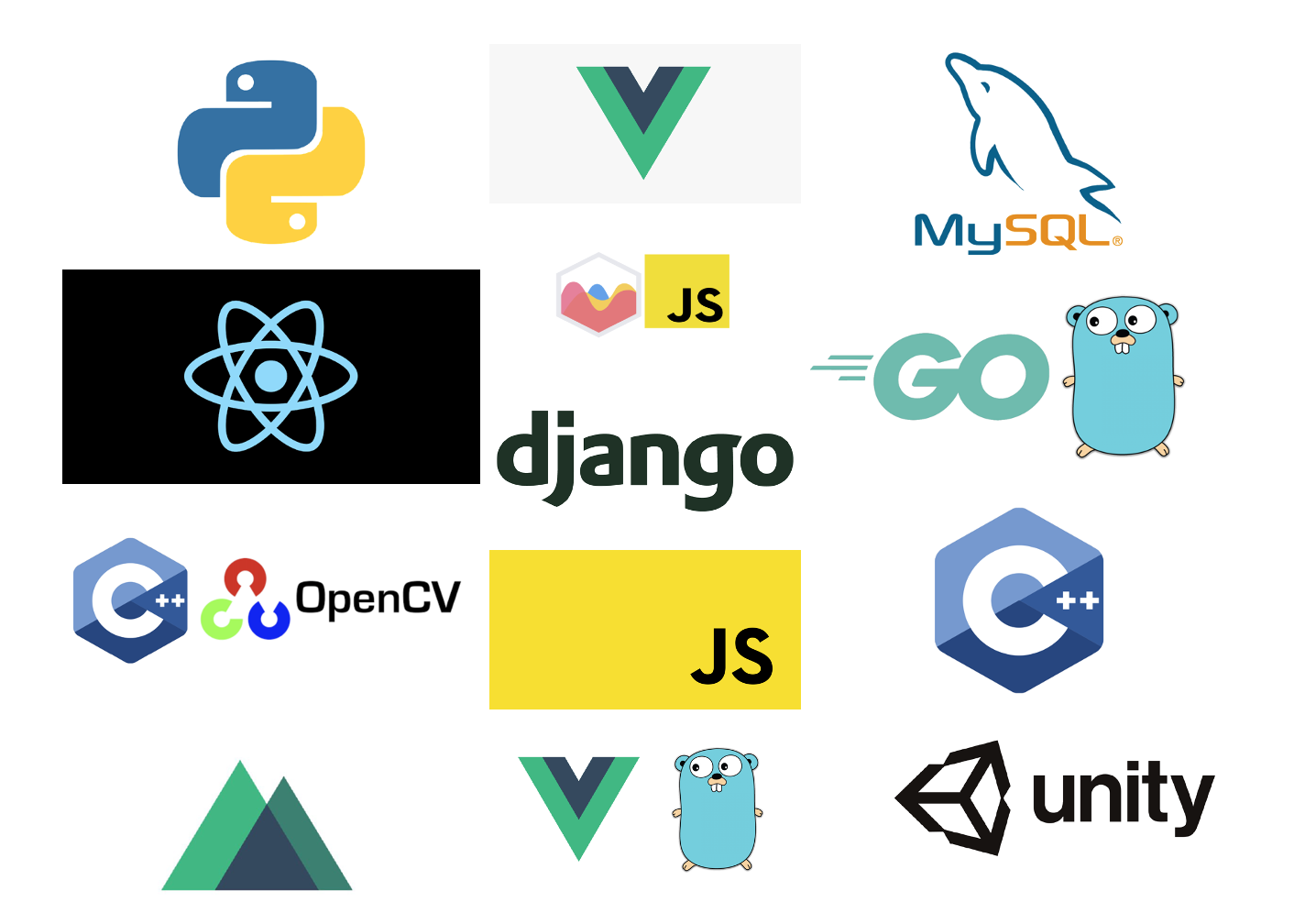 JavaScript, Vue.js, React.js, Nuxt.js, Python, Go言語, Unity, C++, OpenCV